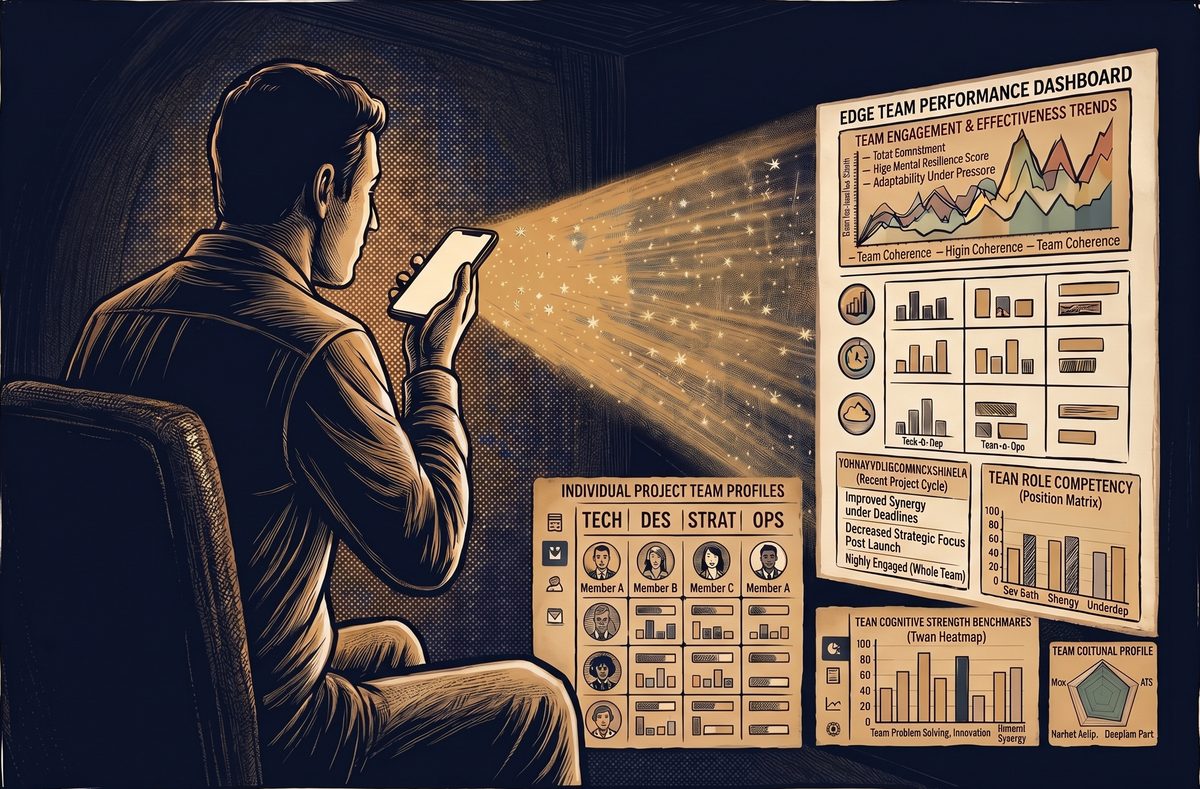 An illustration of somebody speaking into a phone, with a lit panel of team performance readouts beside them